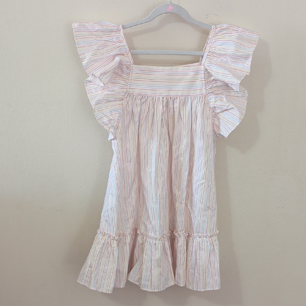 Little Louanne White Ruffle Sleeve Dress with Rainbow Stripes Girls Size 6